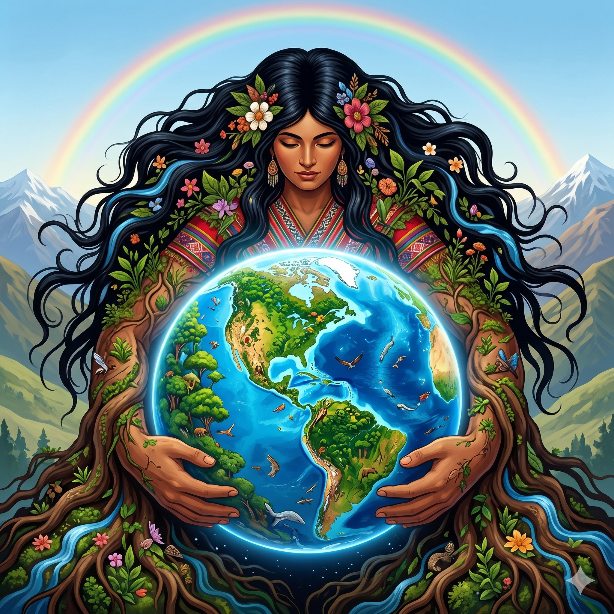 Pachamama holding the Earth, representing health innovation in service of humanity.