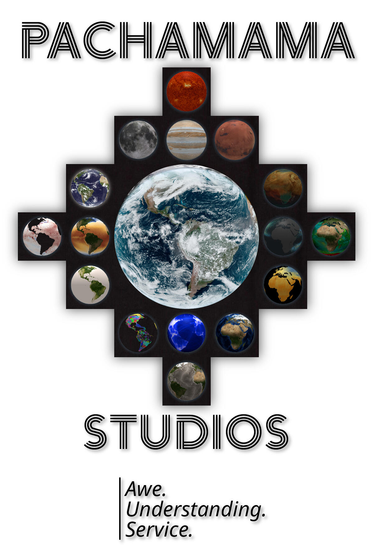 Pachamama Studios' logo is an Andean Cross filled with different earth and space visualizations. at the center is our planet as seen from space.
